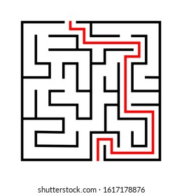 Maze. Education logic game labyrinth for kids. Find right way. Isolated simple square maze black line on white background. With the solution. Vector illustration.