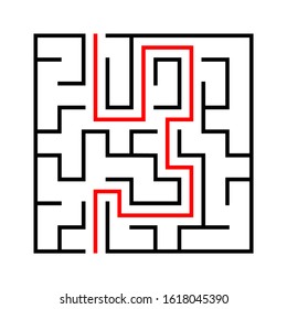 Maze. Education logic game labyrinth for kids. Find right way. Isolated simple square maze black line on white background. With the solution. Vector illustration.