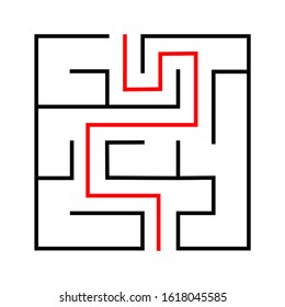 Maze. Education logic game labyrinth for kids. Find right way. Isolated simple square maze black line on white background. With the solution. Vector illustration.