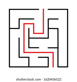 Maze. Education logic game labyrinth for kids. Find right way. Isolated simple square maze black line on white background. With the solution. Vector illustration.
