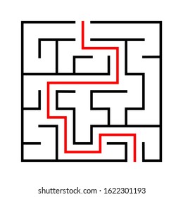 Maze. Education logic game labyrinth for kids. Find right way. Isolated simple square maze black line on white background. With the solution. Vector illustration.