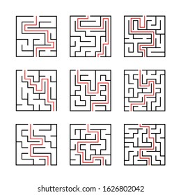 Maze. Education logic game labyrinth for kids. Find right way. Isolated simple square maze black line on white background. With the solution. Vector illustration.