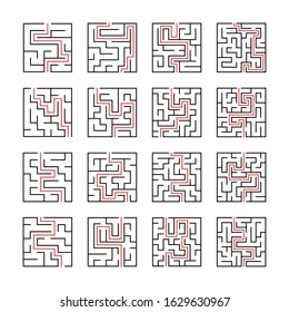 Maze. Education logic game labyrinth for kids. Find right way. Isolated simple square maze black line on white background. With the solution. Vector illustration.