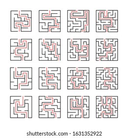 Maze. Education logic game labyrinth for kids. Find right way. Isolated simple square maze black line on white background. With the solution. Vector illustration.