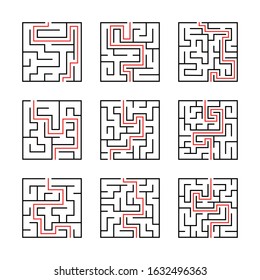 Maze. Education logic game labyrinth for kids. Find right way. Isolated simple square maze black line on white background. With the solution. Vector illustration.