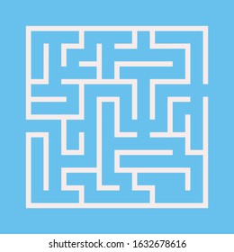 Maze. Education logic game labyrinth for kids. Find right way. Isolated simple square maze black line on white background. Blue background. Vector illustration.