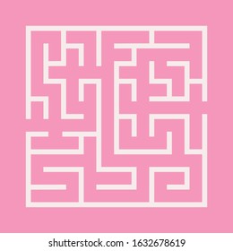 Maze. Education logic game labyrinth for kids. Find right way. Isolated simple square maze black line on white background. Pink background. Vector illustration.