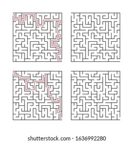 Maze. Education logic game labyrinth for kids. Find the right way. Isolated simple square maze black line on white background. With the solution. Vector illustration. Set