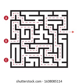 Maze. Education logic game labyrinth for kids. Find the right way. Isolated simple square maze black line on white background. With the solution. 
Three entrances, one right way, one exit.