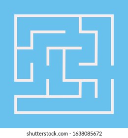 Maze. Education logic game labyrinth for kids. Find the right way. Isolated simple square maze white  line on blue background. Vector illustration.