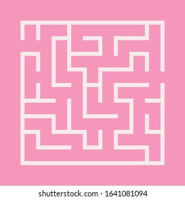 Maze. Education logic game labyrinth for kids. Find the right way. Isolated simple square maze white line on pink background. Vector illustration.