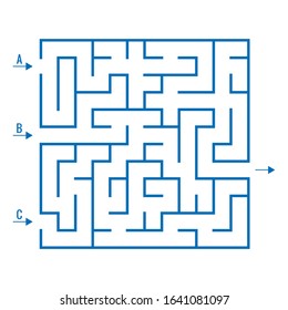 Maze. Education logic game labyrinth for kids. Find the right way. Isolated simple square maze blue line on white background. With the solution. 
Three entrances, one right way, one exit.