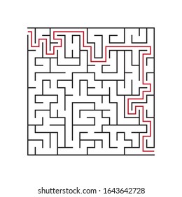 Maze. Education logic game labyrinth for kids. Find the right way. Isolated simple square maze black line on white background. With the solution. 