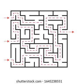 Maze. Education logic game labyrinth for kids. Find the right way. Isolated simple square maze black line on white background. With the solution. 
Three entrances, one right way, one exit.