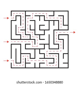 Maze. Education logic game labyrinth for kids. Find the  right way. Isolated simple square maze black line on white background. With the solution. 
Three entrances, one right way, one exit.