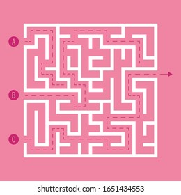 Maze. Education logic game labyrinth for kids. Find the right way. Isolated simple square maze white line on pink background. With the solution. 
Three entrances, one right way, one exit. 
