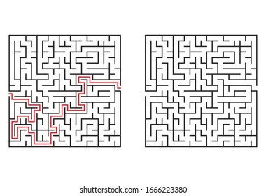 Maze. Education logic game labyrinth for kids. Find right way. Isolated simple square maze black line on white background. With the solution. Vector illustration.