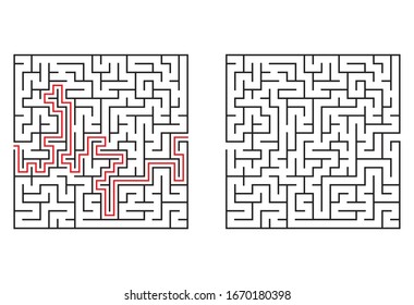 Maze. Education logic game labyrinth for kids. Find right way. Isolated simple square maze black line on white background. With the solution. Vector illustration.