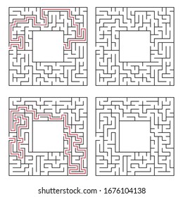 Maze. El laberinto del juego de lógica educativa para los niños. Encuentra bien. Línea cuadrada simple aislada de color negro en fondo blanco. Con la solución y colocar la imagen en el centro. Ilustración vectorial.