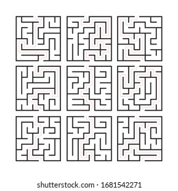 Maze. Education logic game labyrinth for kids. Find right way. Isolated simple square maze black line on white background. With the solution. Vector illustration.