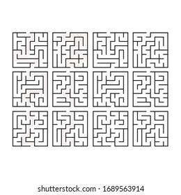 Maze. Education logic game labyrinth for kids. Find right way. Isolated simple square maze black line on white background. With the solution. Vector illustration.