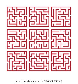 Maze. Education logic game labyrinth for kids. Find right way. Isolated simple square red black line on white background. Vector illustration. Set