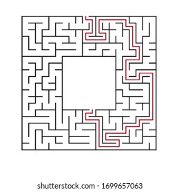 Maze. Education logic game labyrinth for kids. Find right way. Isolated simple square maze black line on white background. With the solution. Vector illustration.