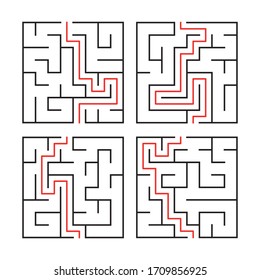 Maze. Education logic game labyrinth for kids. Find right way. Isolated simple square maze black line on white background. With the solution. Vector illustration. Set