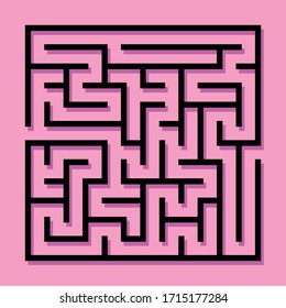 Maze. Education logic game labyrinth for kids. Find right way. Isolated simple square maze black line on pink background. Vector illustration.