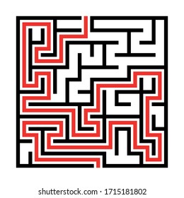Maze. El laberinto del juego de lógica educativa para los niños. Encuentra bien. Línea cuadrada simple aislada de color negro en fondo blanco. Con la solución. Ilustración vectorial.