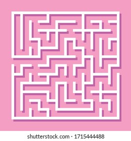 Maze. Education logic game labyrinth for kids. Find right way. Isolated simple square maze white line on pink background. Vector illustration.