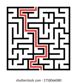 Maze. Education logic game labyrinth for kids. Find right way. Isolated simple square maze black line on white background. With the solution. Vector illustration.
