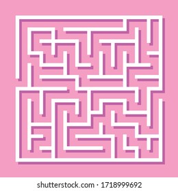 Maze. Education logic game labyrinth for kids. Find right way. Isolated simple square maze white line on pink background. Vector illustration.