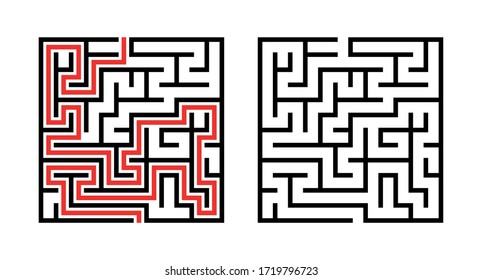 Maze. El laberinto del juego de lógica educativa para los niños. Encuentra bien. Línea cuadrada simple aislada de color negro en fondo blanco. Con la solución. Ilustración vectorial.