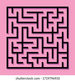 Maze. Education logic game labyrinth for kids. Find right way. Isolated simple square maze black line on pink background. Vector illustration.