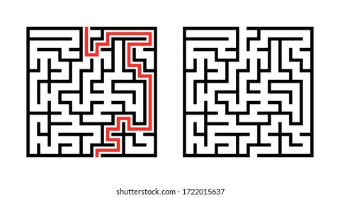 Maze. Education logic game labyrinth for kids. Find right way. Isolated simple square maze black line on white background. With the solution. Vector illustration.