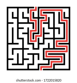 Maze. Education logic game labyrinth for kids. Find right way. Isolated simple square maze black line on white background. With the solution. Vector illustration.