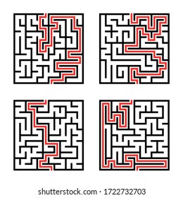 Maze. Education logic game labyrinth for kids. Find right way. Isolated simple square maze black line on white background. With the solution. Vector illustration.