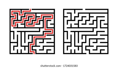 Maze. Education logic game labyrinth for kids. Find right way. Isolated simple square maze black line on white background. With the solution. Vector illustration.