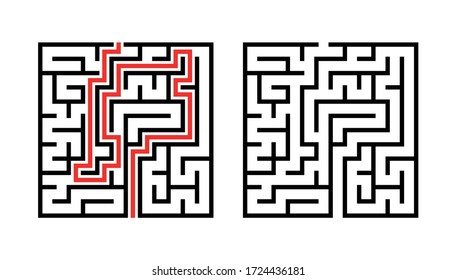 Maze. Education logic game labyrinth for kids. Find right way. Isolated simple square maze black line on white background. With the solution. Vector illustration.