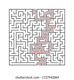 Maze. Education logic game labyrinth for kids. Find right way. Isolated simple square maze black line on white background. With the solution. Vector illustration.