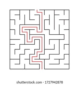 Maze. Education logic game labyrinth for kids. Find right way. Isolated simple square maze black line on white background. With the solution. Vector illustration.