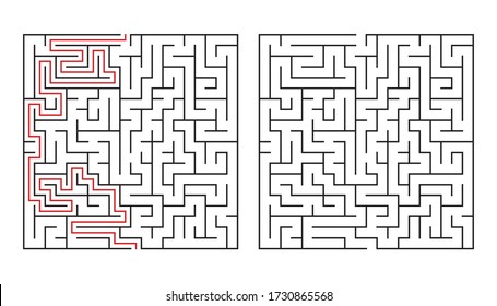 Maze. Education logic game labyrinth for kids. Find right way. Isolated simple square maze black line on white background. With the solution. Vector illustration.