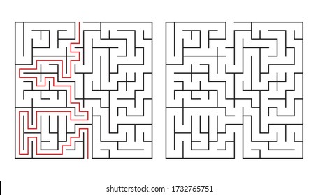 Maze. Education logic game labyrinth for kids. Find right way. Isolated simple square maze black line on white background. With the solution. Vector illustration.