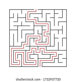 Maze. Education logic game labyrinth for kids. Find right way. Isolated simple square maze black line on white background. With the solution. Vector illustration.