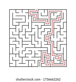 Maze. Education logic game labyrinth for kids. Find right way. Isolated simple square maze black line on white background. With the solution. Vector illustration.