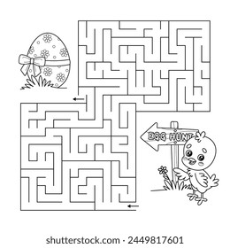 Maze educational Easter game for children. Labyrinth puzzle. Help cartoon chick standing by a wooden Easter egg hunt arrow sign find way to festive egg. Holiday activity book for kids. Vector outline.