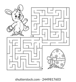 Maze pädagogische Ostern Kinder Spiel. Labyrinthpuzzle für Kinder mit Zeichentrickkaninchen und festlichem Ei. Hilf dem süßen Hasen trägt einen Korb, um die Straße zum bemalten Ei zu finden. Aktivitätsbuch. Entwurf der Vektorgrafik.