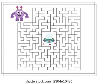 Maze, an educational game for children. Find the way from the cartoon monster to the flying saucer. Vector illustration