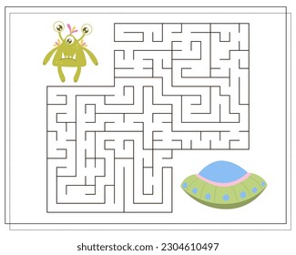 Maze, an educational game for children. Find the way from the cartoon monster to the flying saucer. Vector illustration